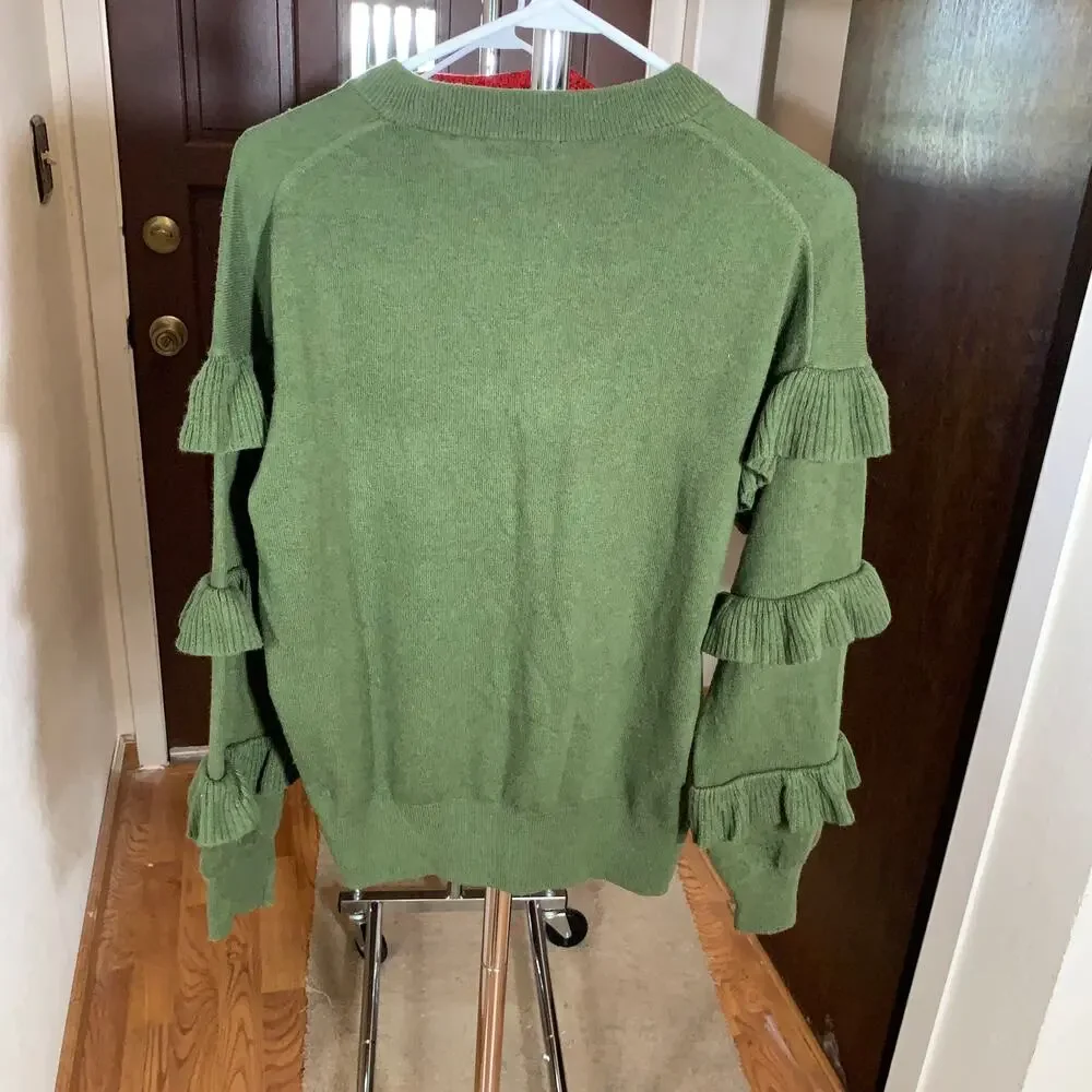 J. Crew green wool blend Ruffle Sleeve sweater size S